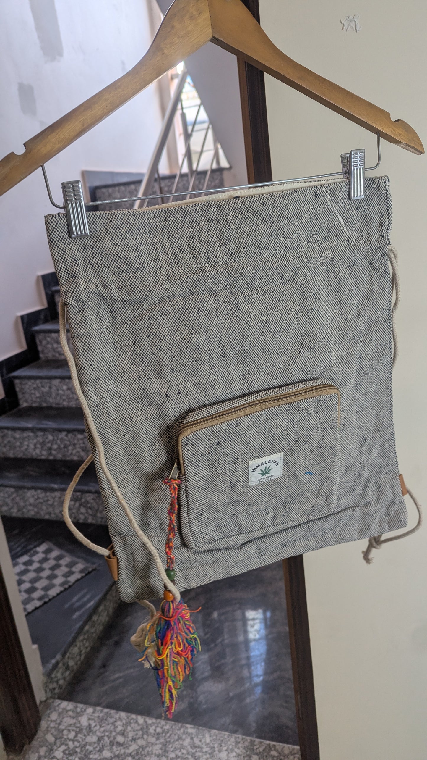 Sustainable Himalayan Hemp Drawstring Backpack – Natural Grey with Rainbow Tassel