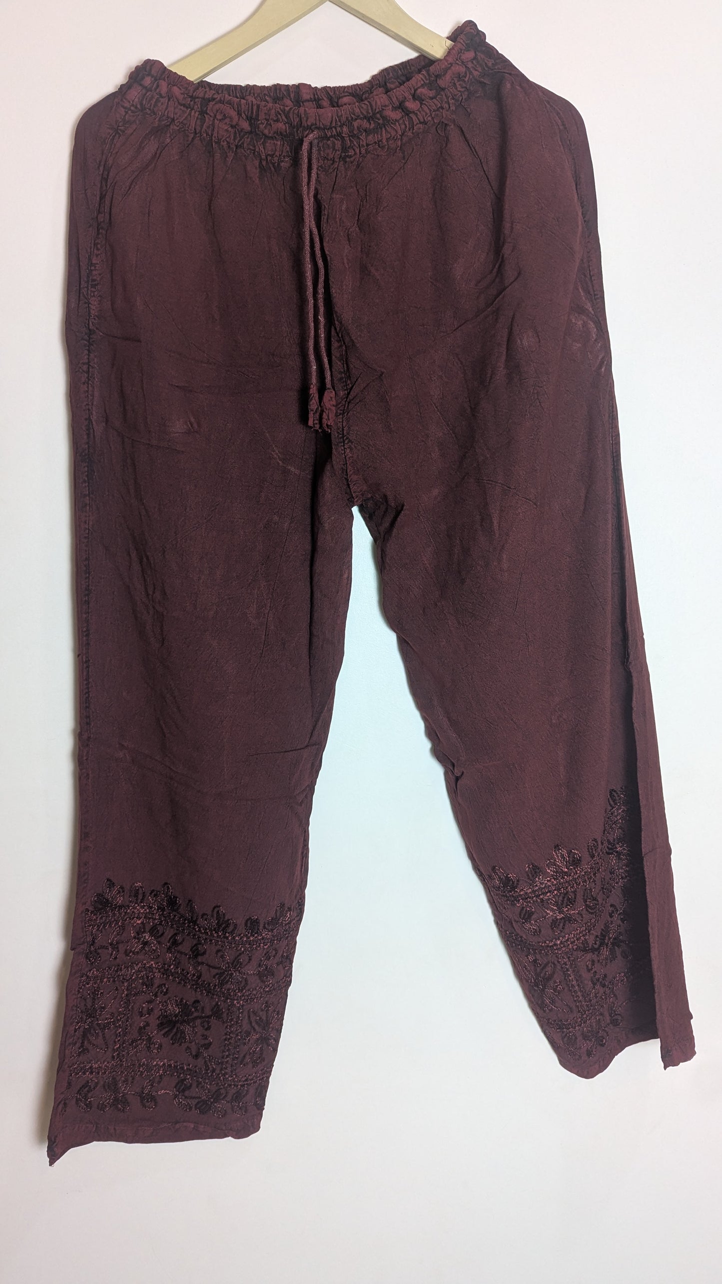 Sacred Sangria Lounge Pants – Deep Wine Embroidered Cotton