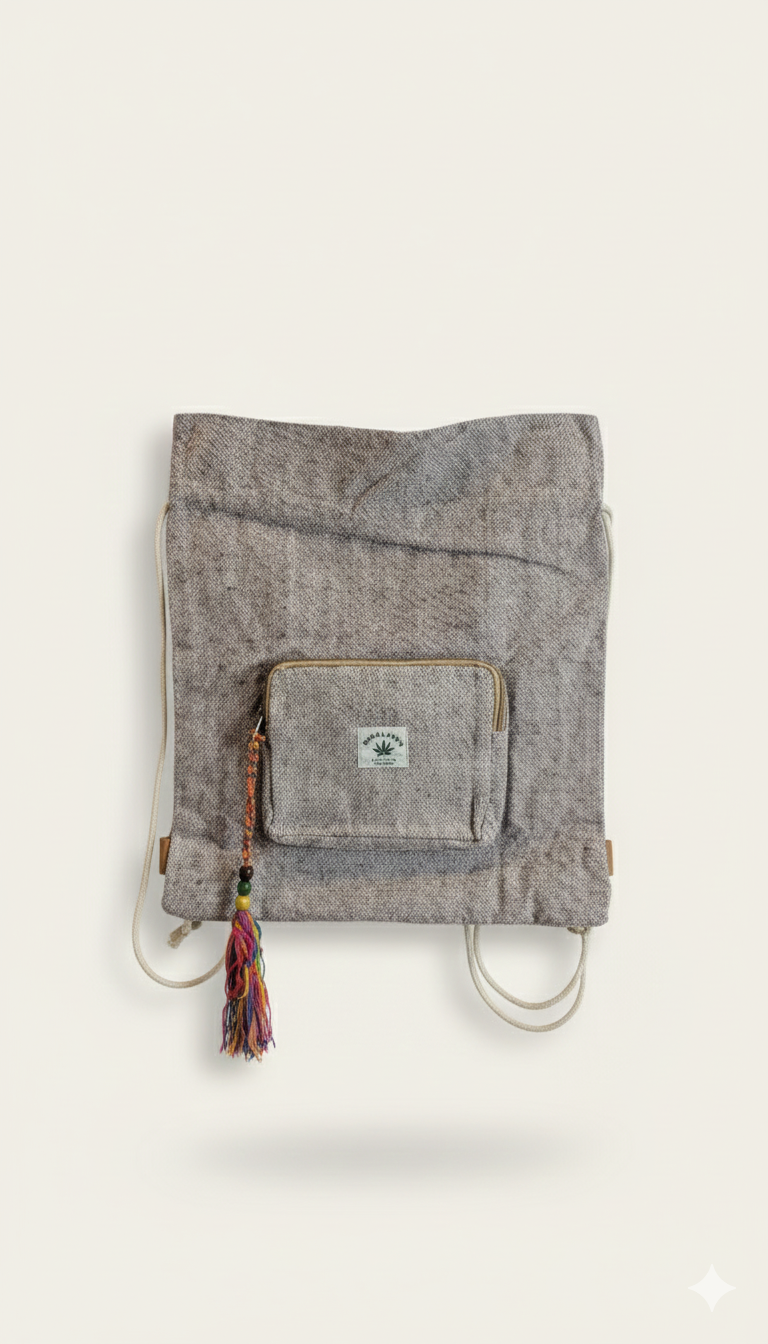 Himalayan Eco-Hemp Drawstring Backpack with Rainbow Tassel