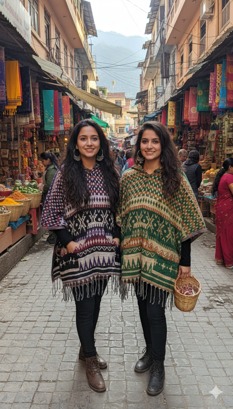 Mystic Indigo & Purple Hooded Poncho – Vibrant Tribal Pattern with Polka-Dot Accents
