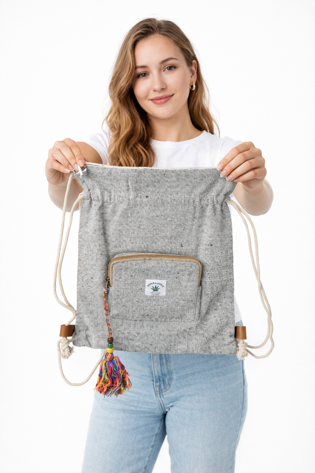 Handcrafted Hemp Drawstring Backpack with Front Pocket | Eco-Friendly Everyday Bag