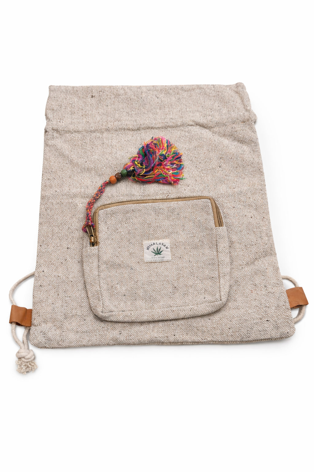Handwoven Canvas Drawstring Backpack with Front Zipper Pocket & Tassel