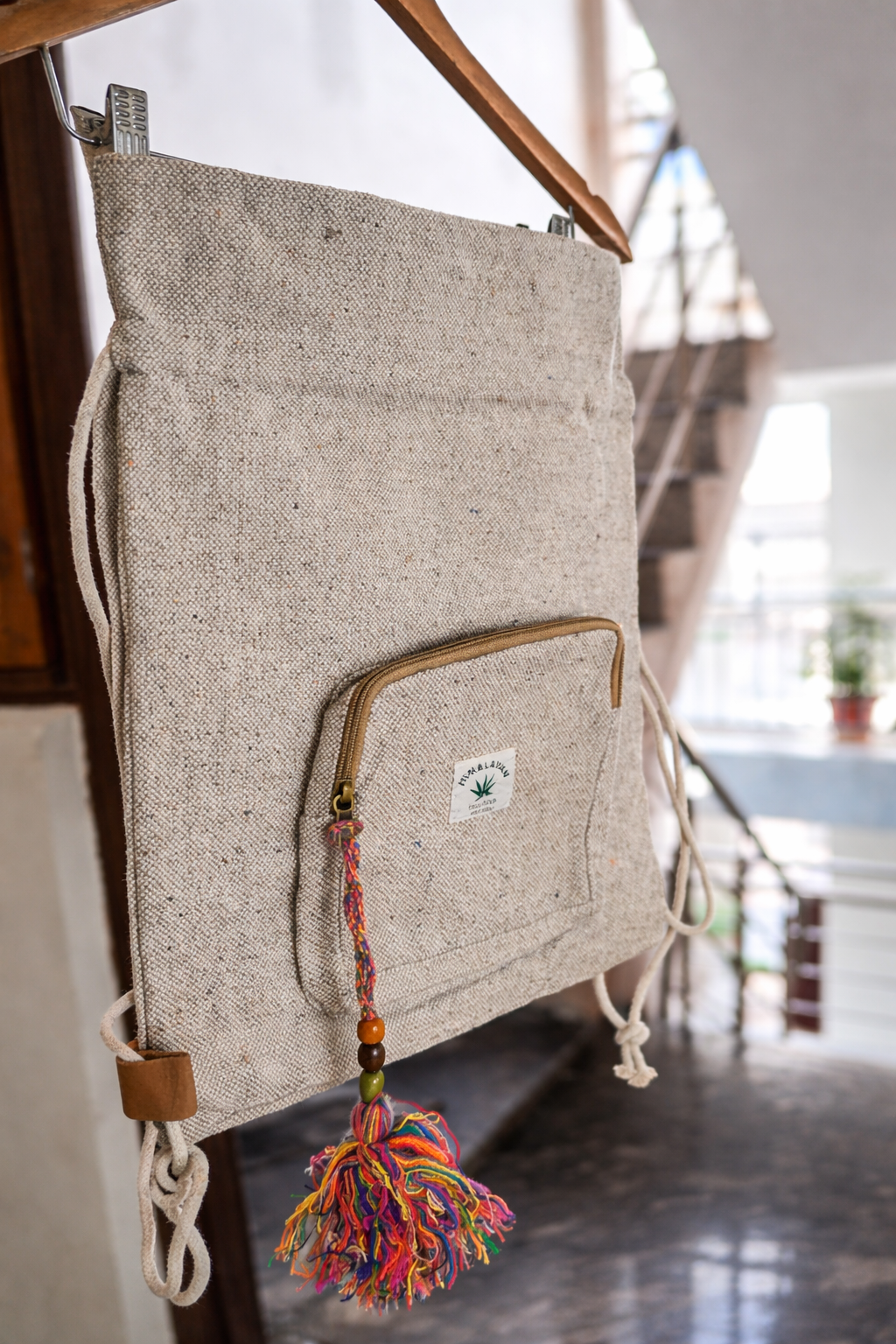 Handwoven Canvas Drawstring Backpack with Front Zipper Pocket & Tassel