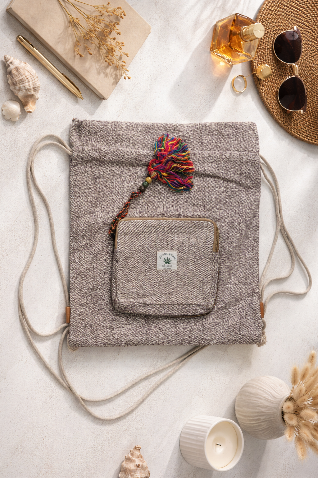 Himalayan Eco-Hemp Drawstring Backpack with Rainbow Tassel