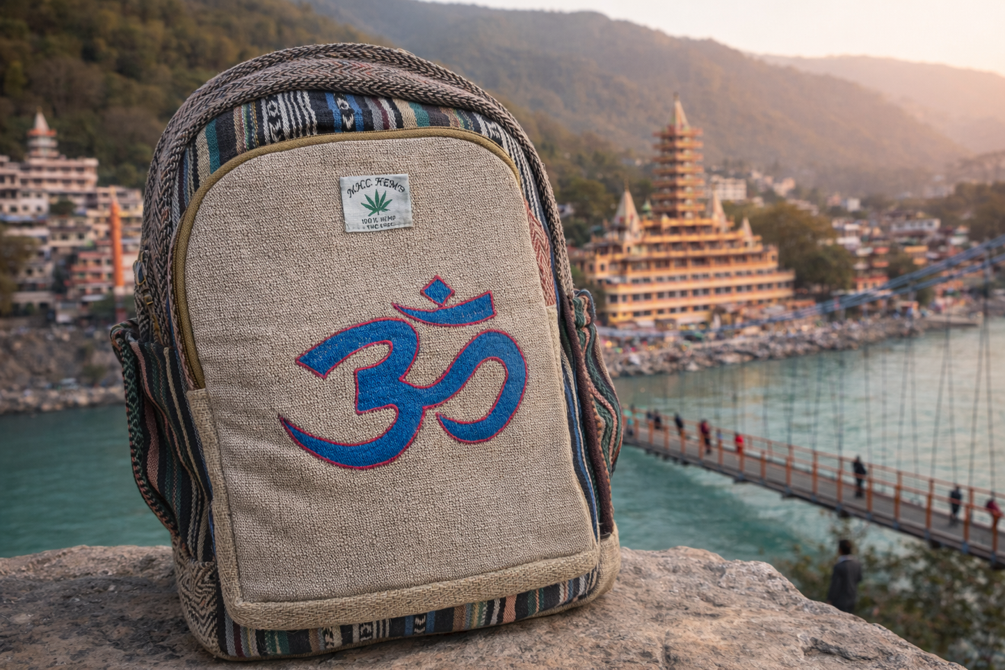Artisanal "Om" Symbol Himalayan Hemp Backpack – Earthy Tones