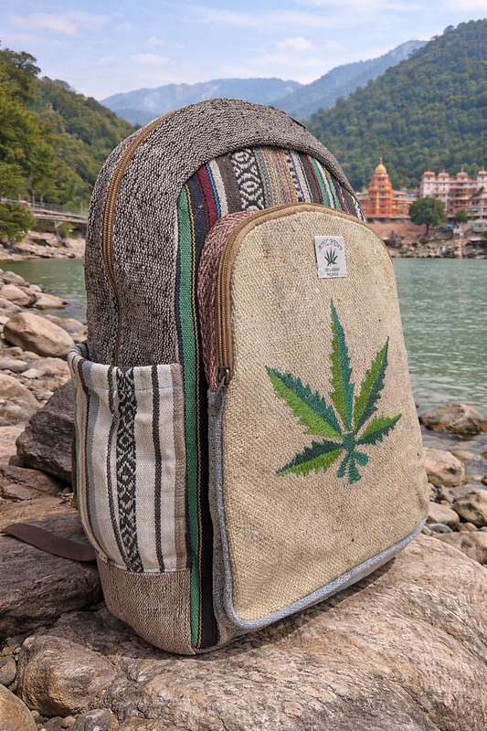 Handcrafted Buddha Zen Backpack – Natural Hemp with Vibrant Gheri Accents Green Leaf