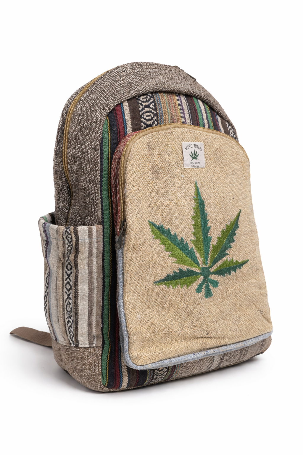 Handcrafted Buddha Zen Backpack – Natural Hemp with Vibrant Gheri Accents Green Leaf