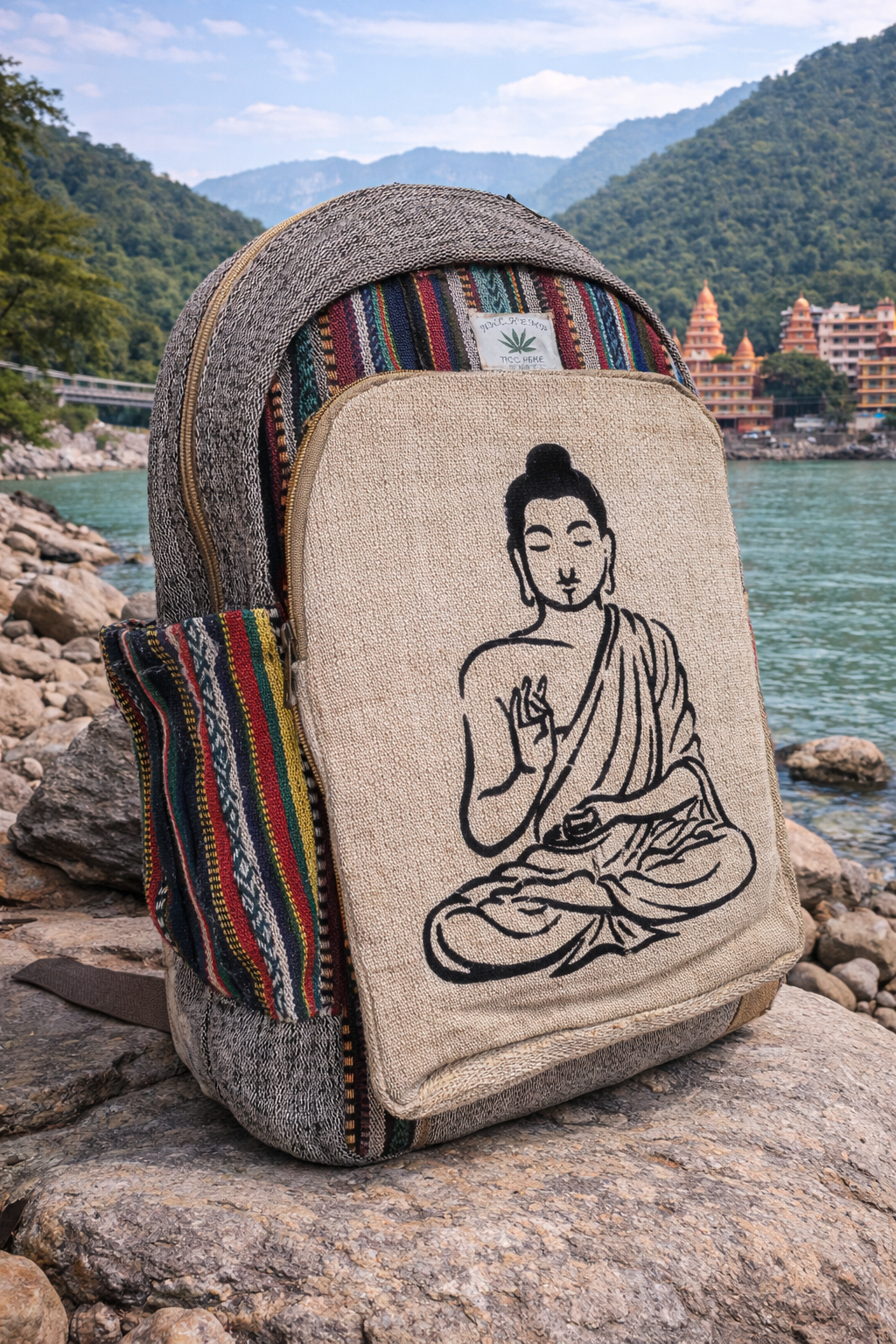 Handcrafted Buddha Zen Backpack – Natural Hemp & Vibrant Gheri Loom