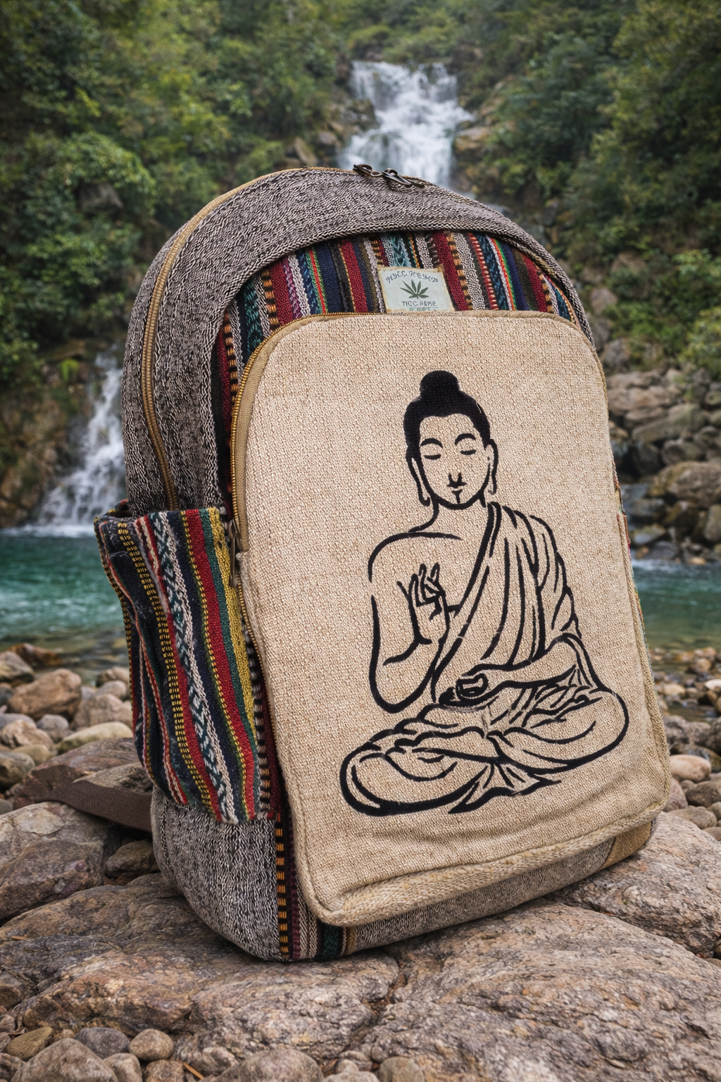 Handcrafted Buddha Zen Backpack – Natural Hemp & Vibrant Gheri Loom