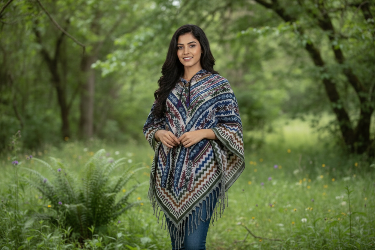 Bohemian Tribal Print Woolen Poncho – Unisex Winter Outerwear