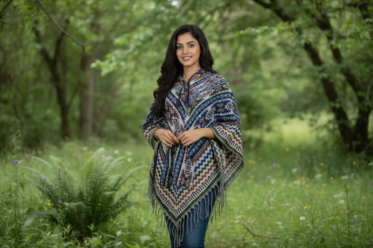 Bohemian Tribal Print Woolen Poncho – Unisex Winter Outerwear
