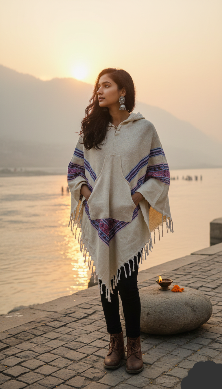 Celestial Cream Hooded Poncho – Artisan Woven Wrap with Pink & Indigo Borders