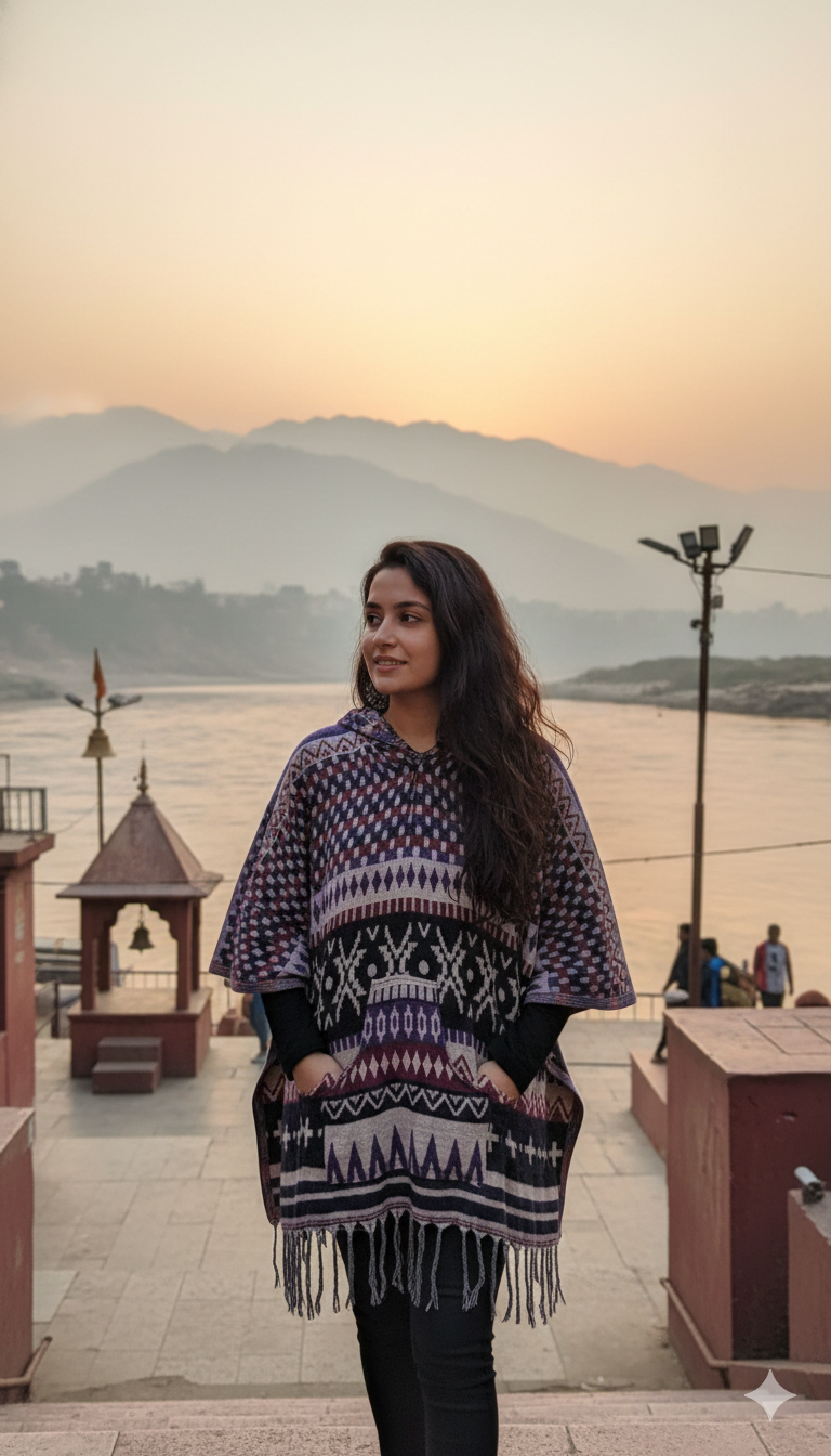 Mystic Indigo & Purple Hooded Poncho – Vibrant Polka-Dot & Diamond Tribal Design
