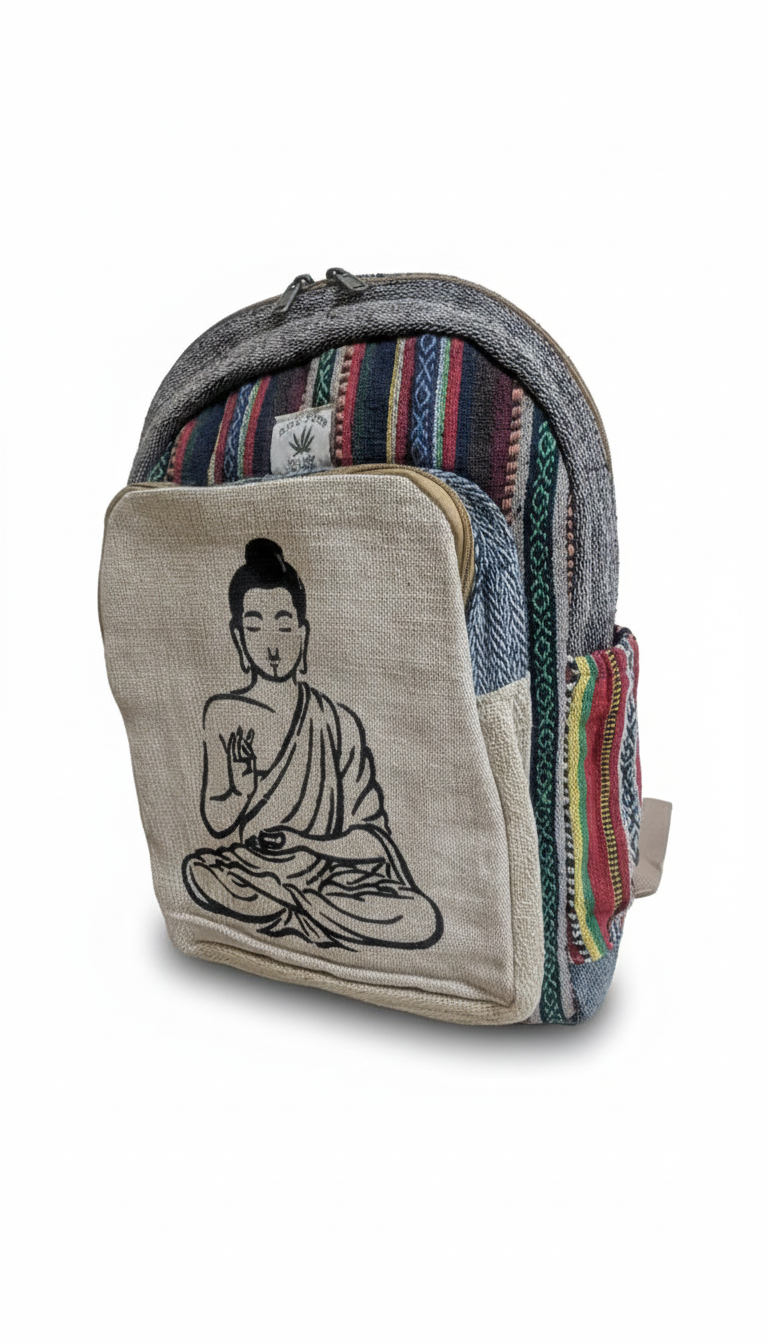 Handcrafted Buddha Zen Backpack – Natural Hemp & Vibrant Gheri Loom