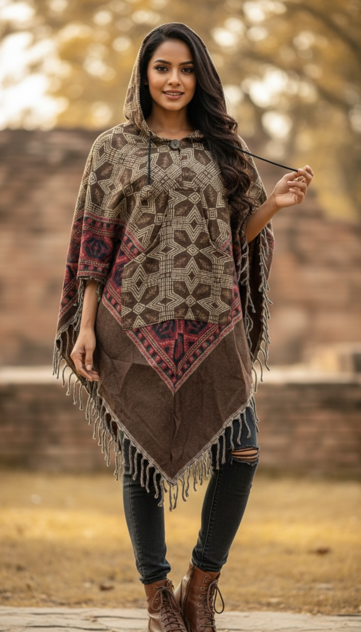 Ethno-Chic Geometric Woolen Poncho with Hood & Kangaroo Pocket
