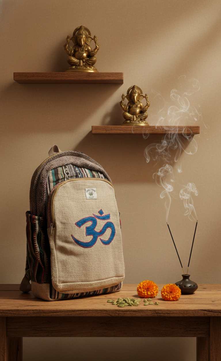 Backpack with Om symbol on a wooden table with shelves displaying small statues and incense.