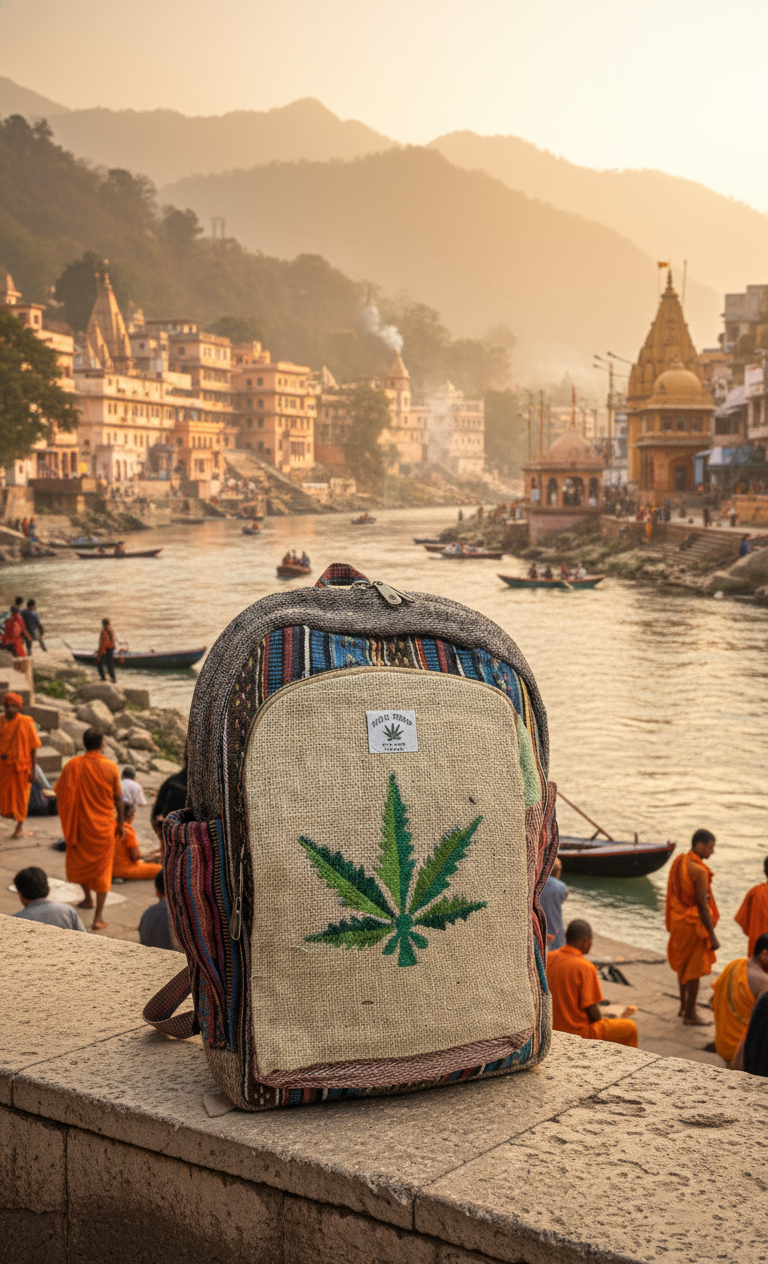 Backpack with a cannabis leaf design in a scenic location with mountains and a river.