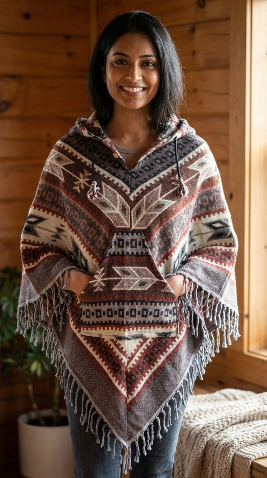Woman wearing a patterned poncho indoors with wooden walls.
