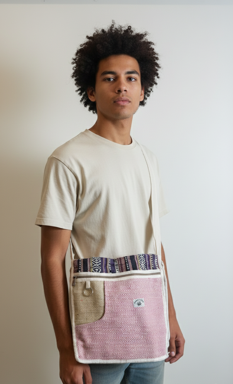 Person wearing a patchwork apron with a plain background
