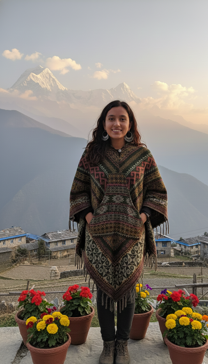Forest Green Himalayan Heritage Hooded Poncho – Earth-Tone Geometric Tribal Wrap