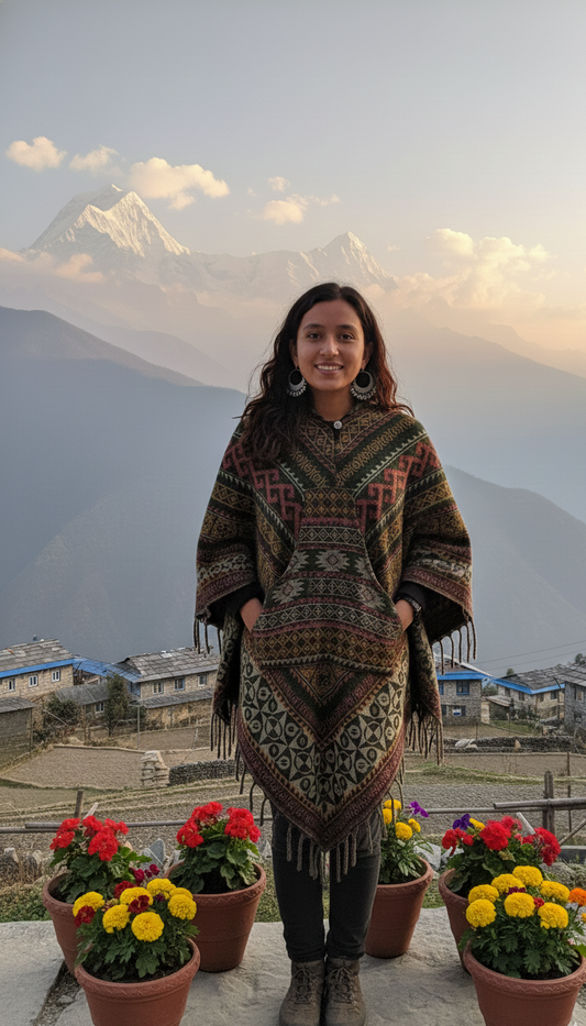 Forest Green Himalayan Heritage Hooded Poncho – Earth-Tone Geometric Tribal Wrap