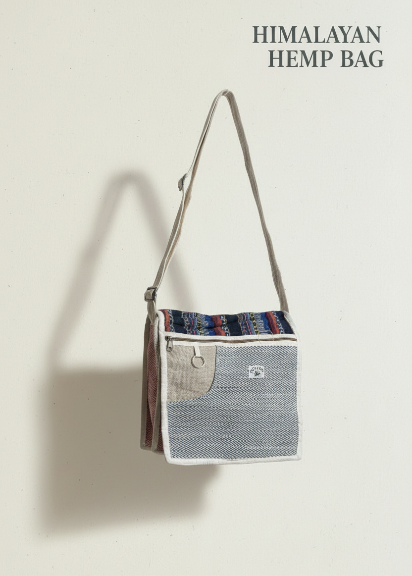 Hemp bag with a strap on a white background, featuring 'Himalayan Hemp Bag' text.