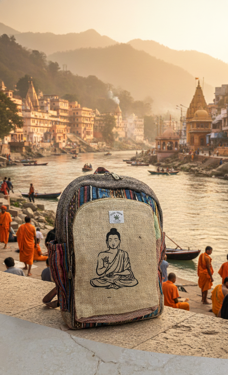 Handcrafted Buddha Zen Backpack – Natural Hemp & Vibrant Gheri Loom