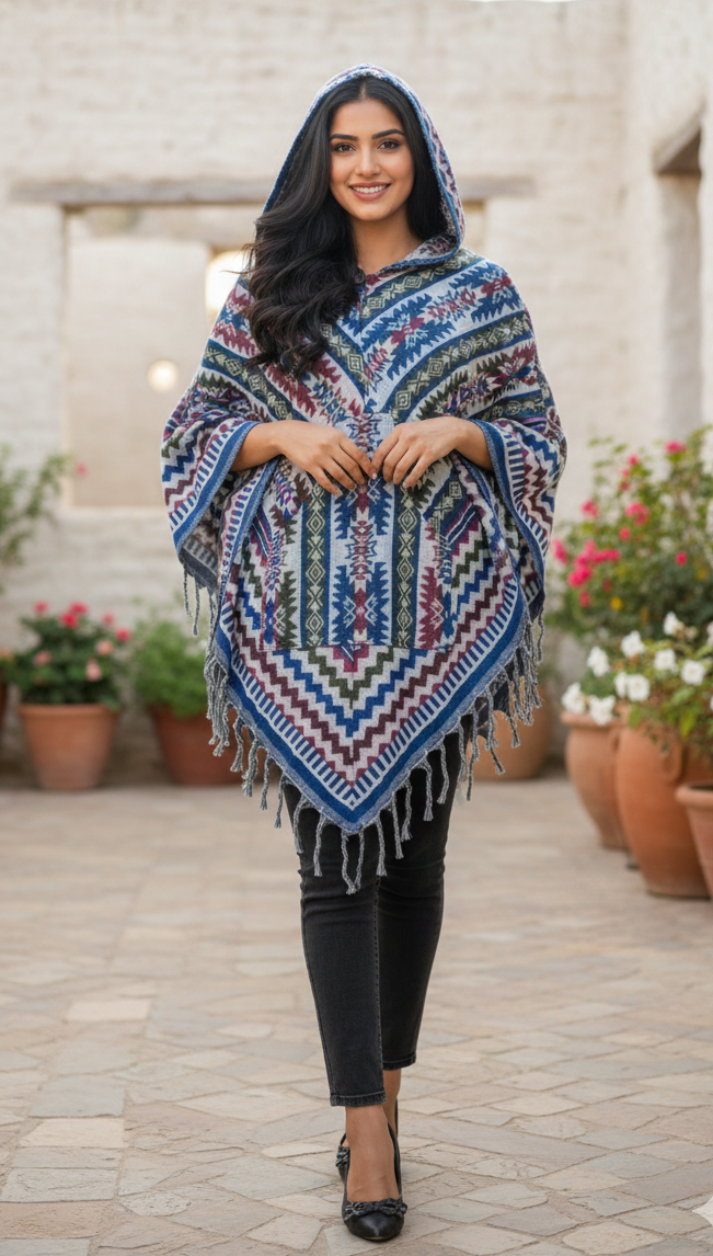 Woman wearing a colorful patterned poncho standing outdoors with potted plants in the background