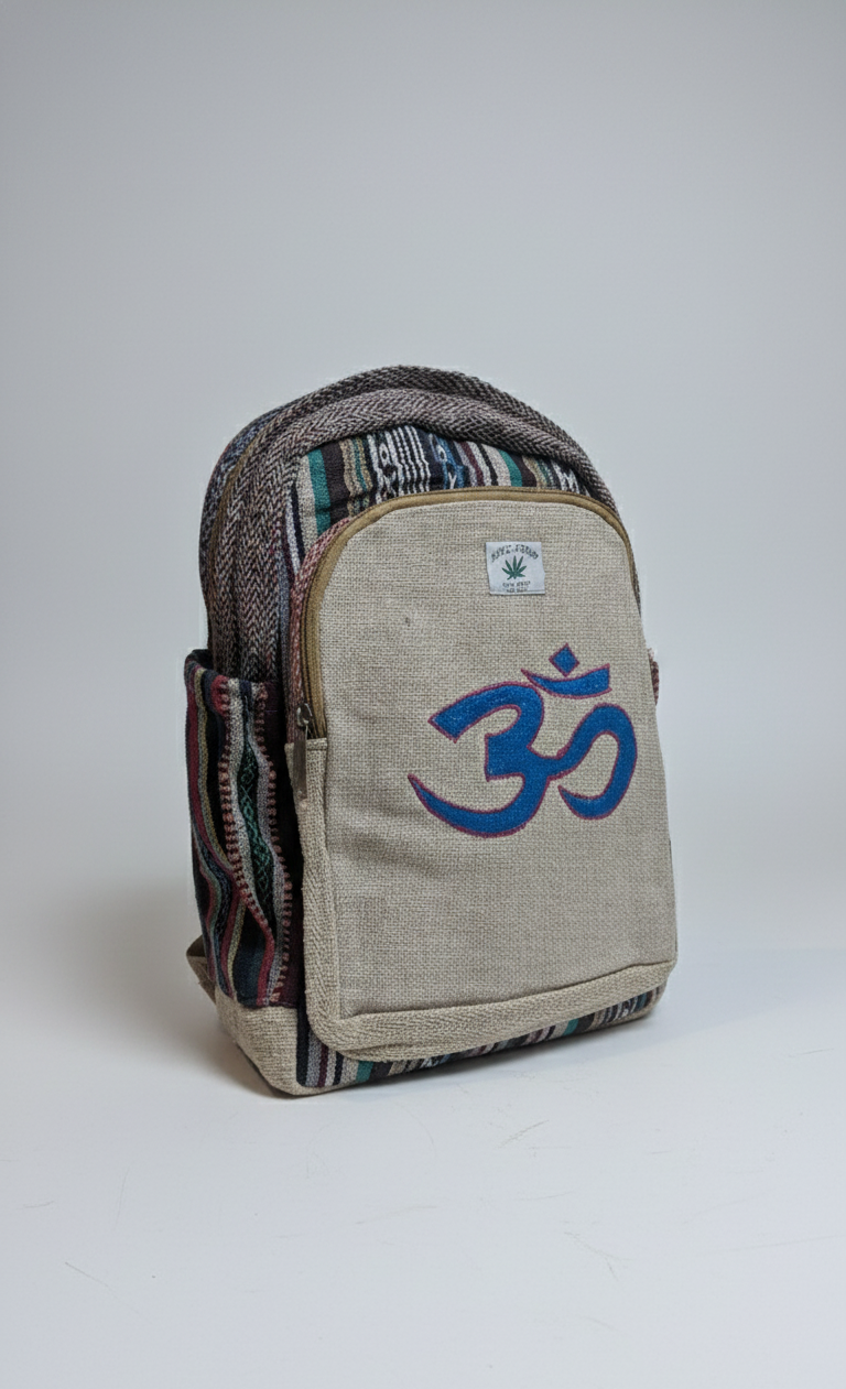 Artisanal "Om" Symbol Himalayan Hemp Backpack – Earthy Tones
