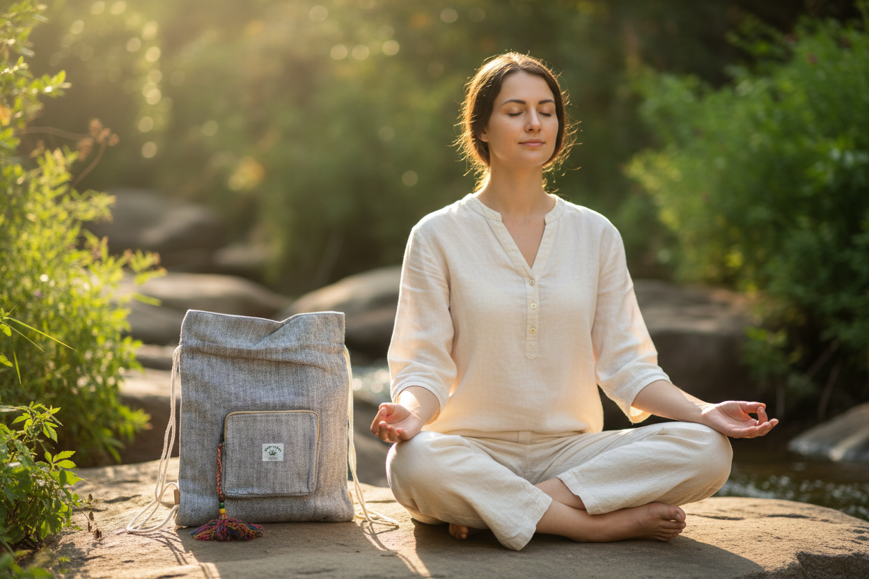Gray drawstring bag with colorful tassel on a white background