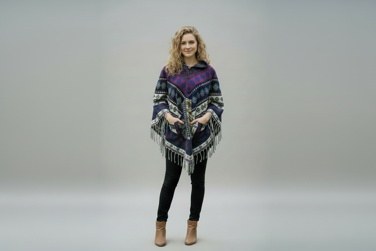 Woman wearing a patterned poncho with fringes on a plain background