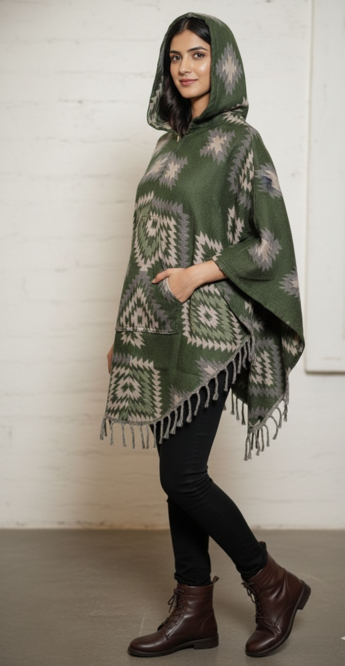 Woman wearing a green patterned poncho with a hood against a white background