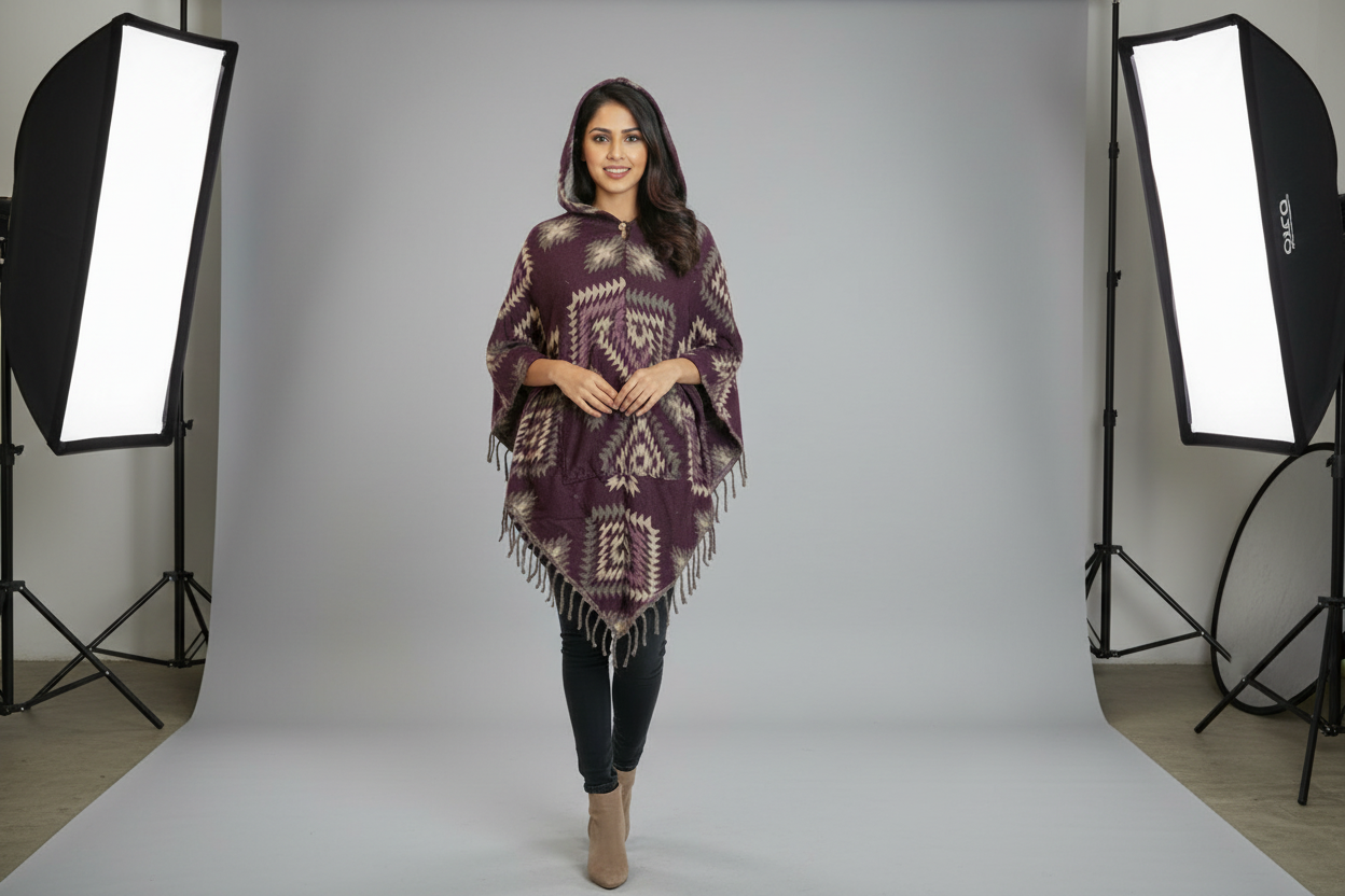 Handcrafted-Style Hooded Woolen Poncho – Premium Geometric Winter Wrap