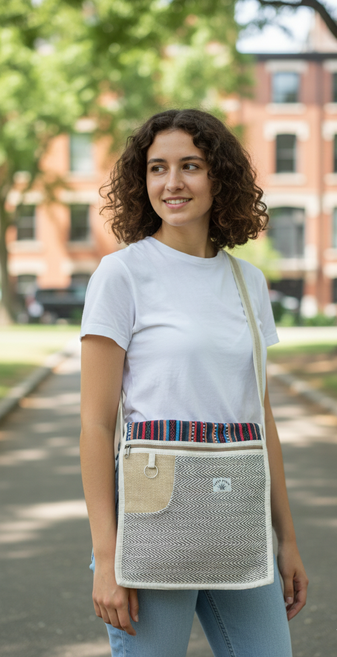 Woman holding a textured shoulder bag outdoors with trees and buildings in the background
