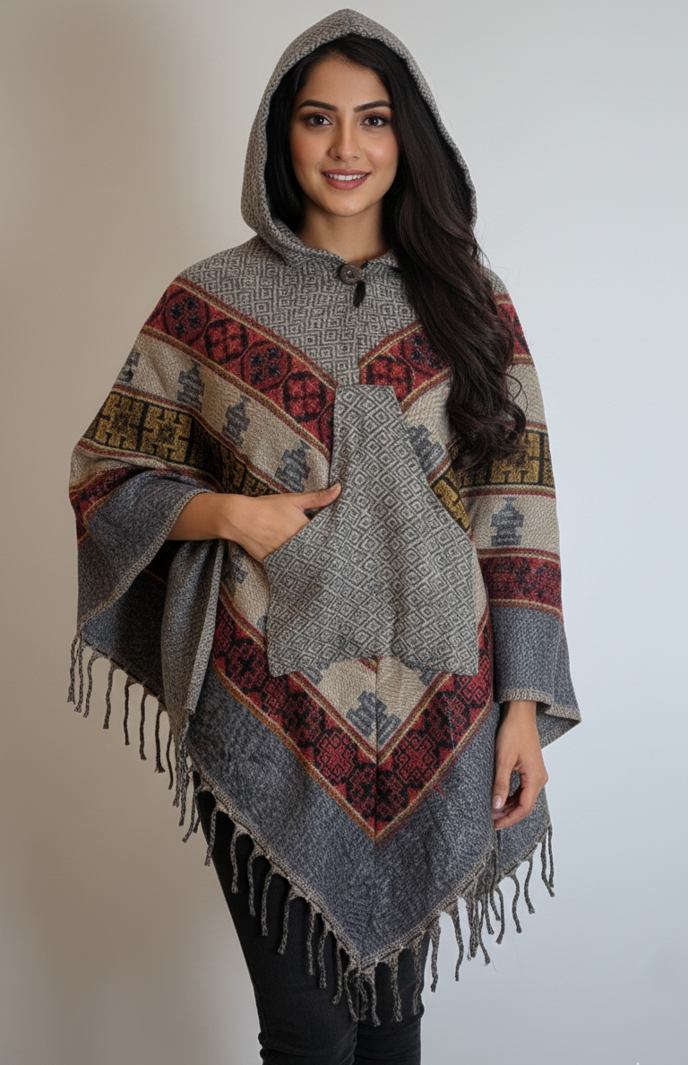 Woman wearing a patterned poncho with a hood against a plain background