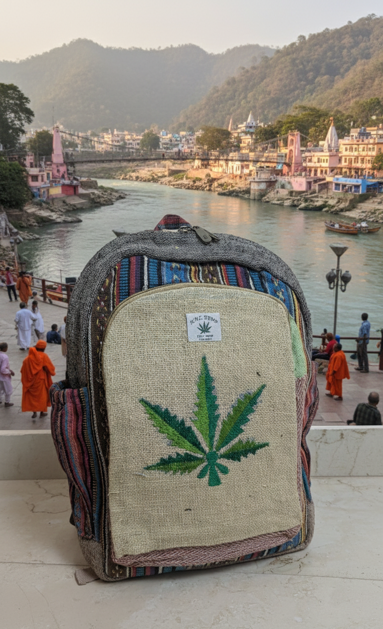Backpack with a cannabis leaf design on a scenic background