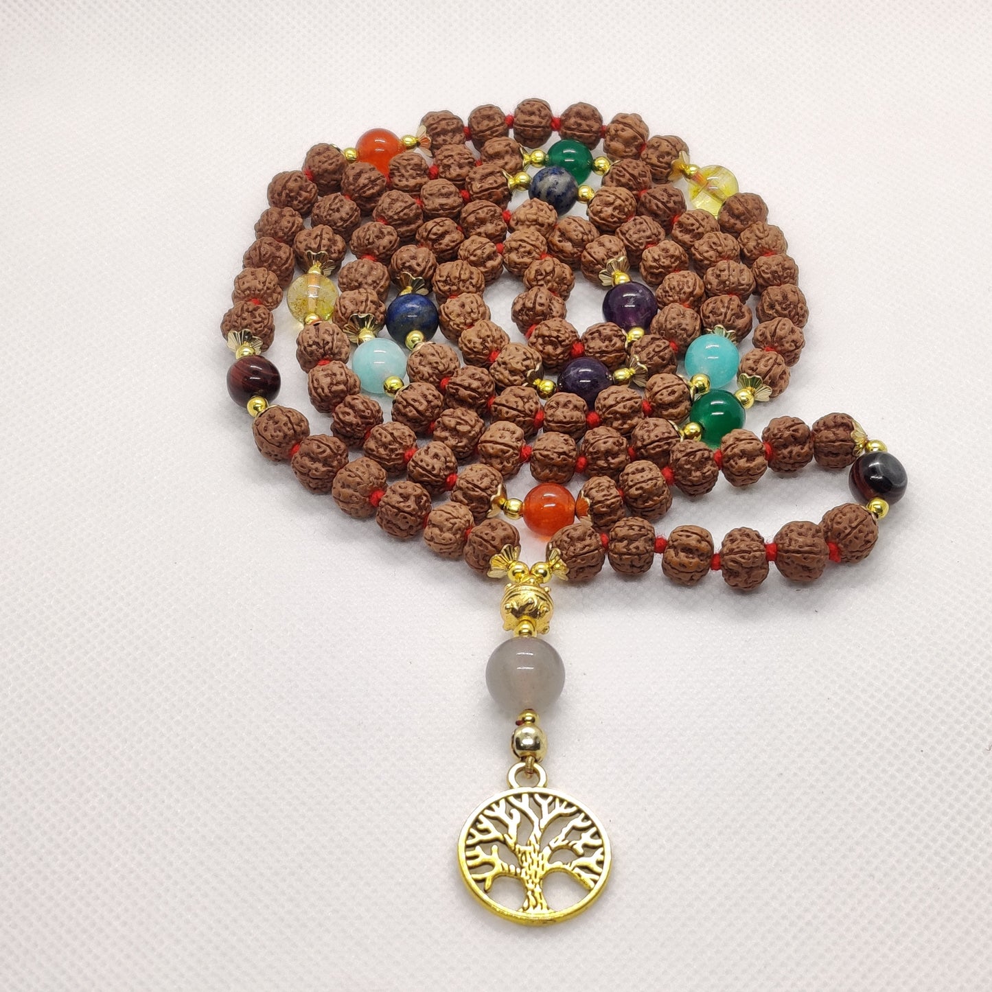 Harmony Unveiled: 7 Chakra Rudraksha Mala with Tree of Life Pendant