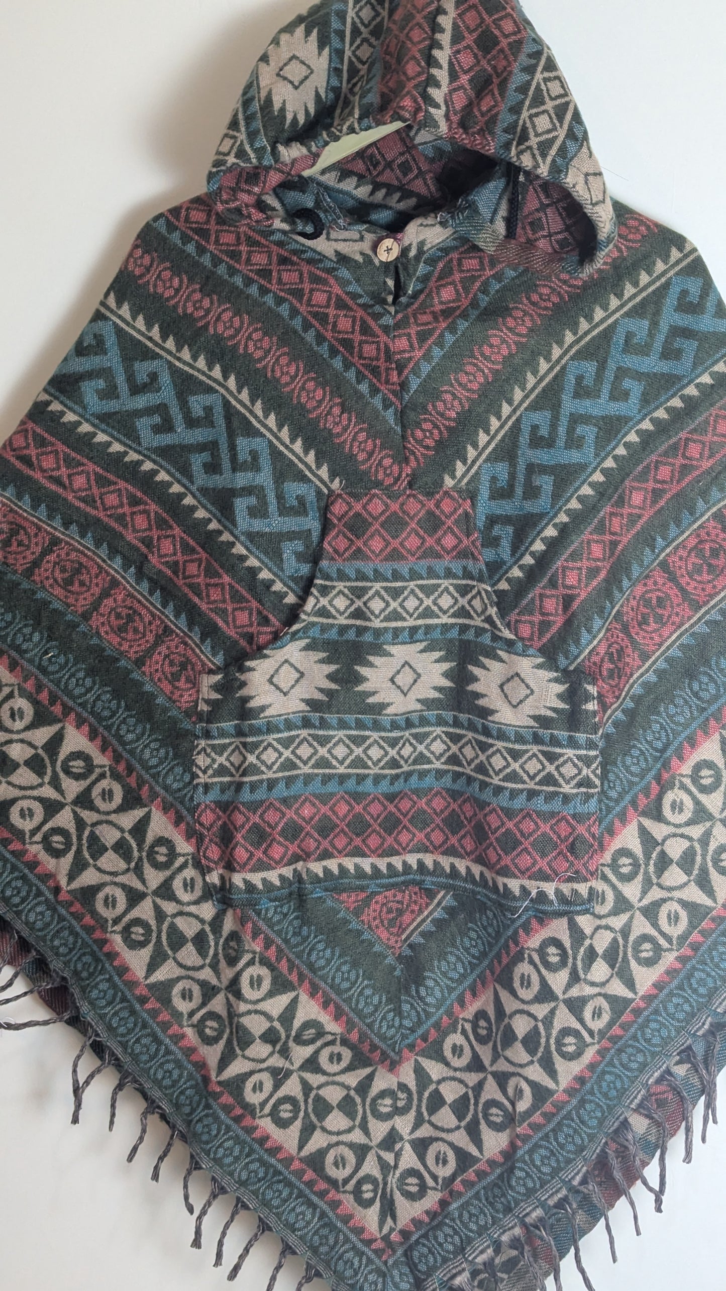 Mystic Indigo & Purple Hooded Poncho – Vibrant Polka-Dot & Diamond Tribal Design