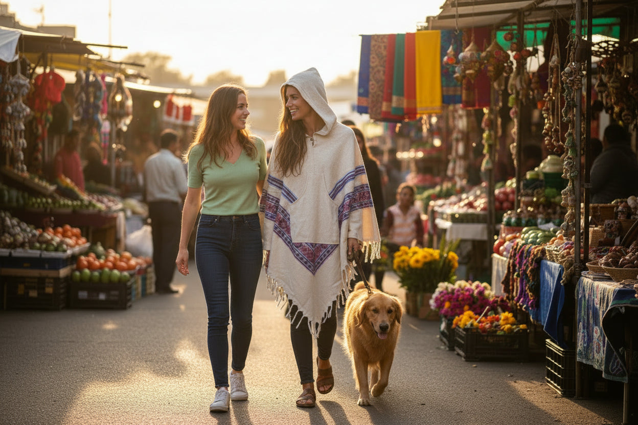 Two women walking with a dog through an outdoor market.