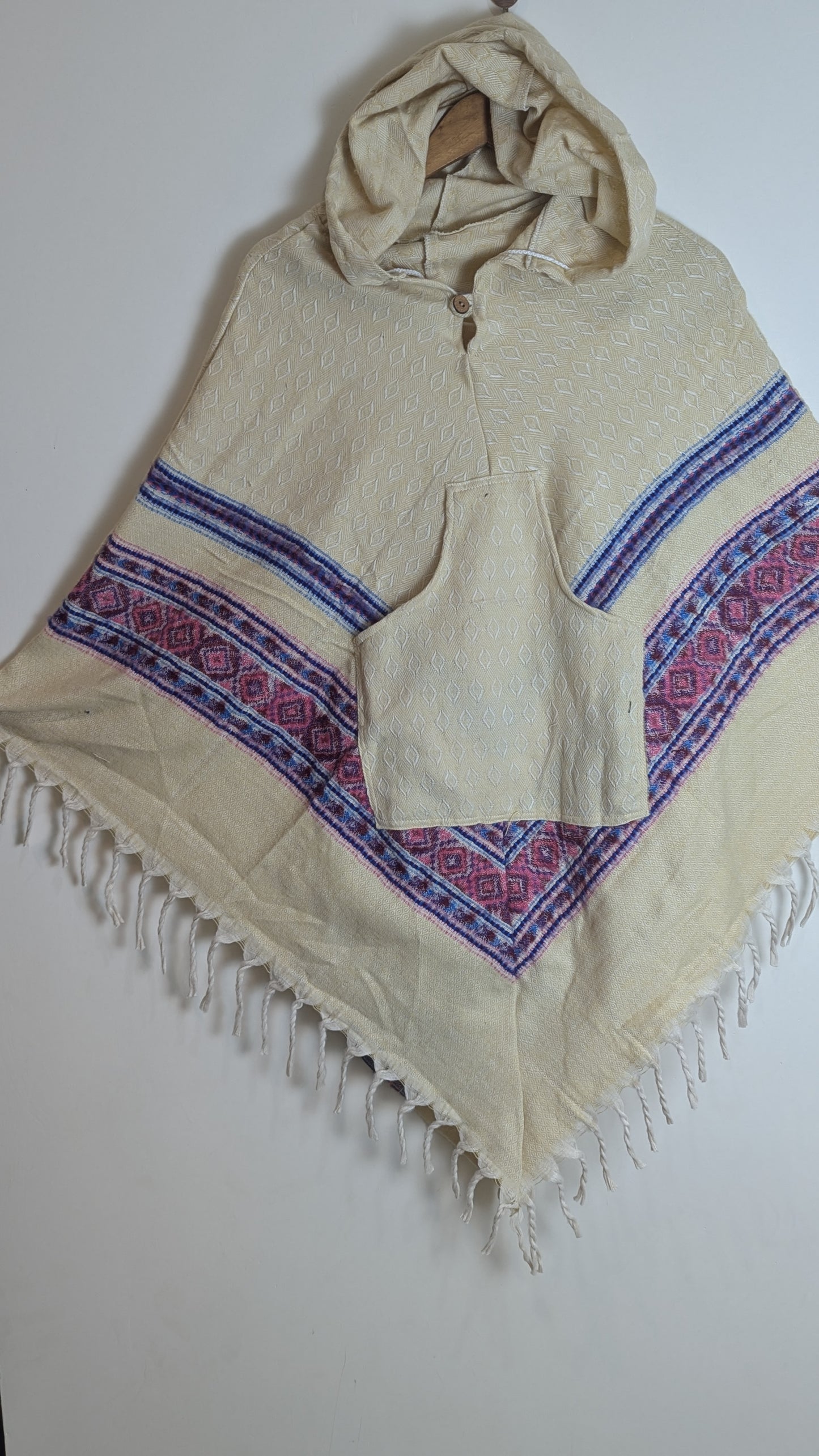 Celestial Cream Hooded Poncho – Artisan Woven Wrap with Pink & Indigo Borders