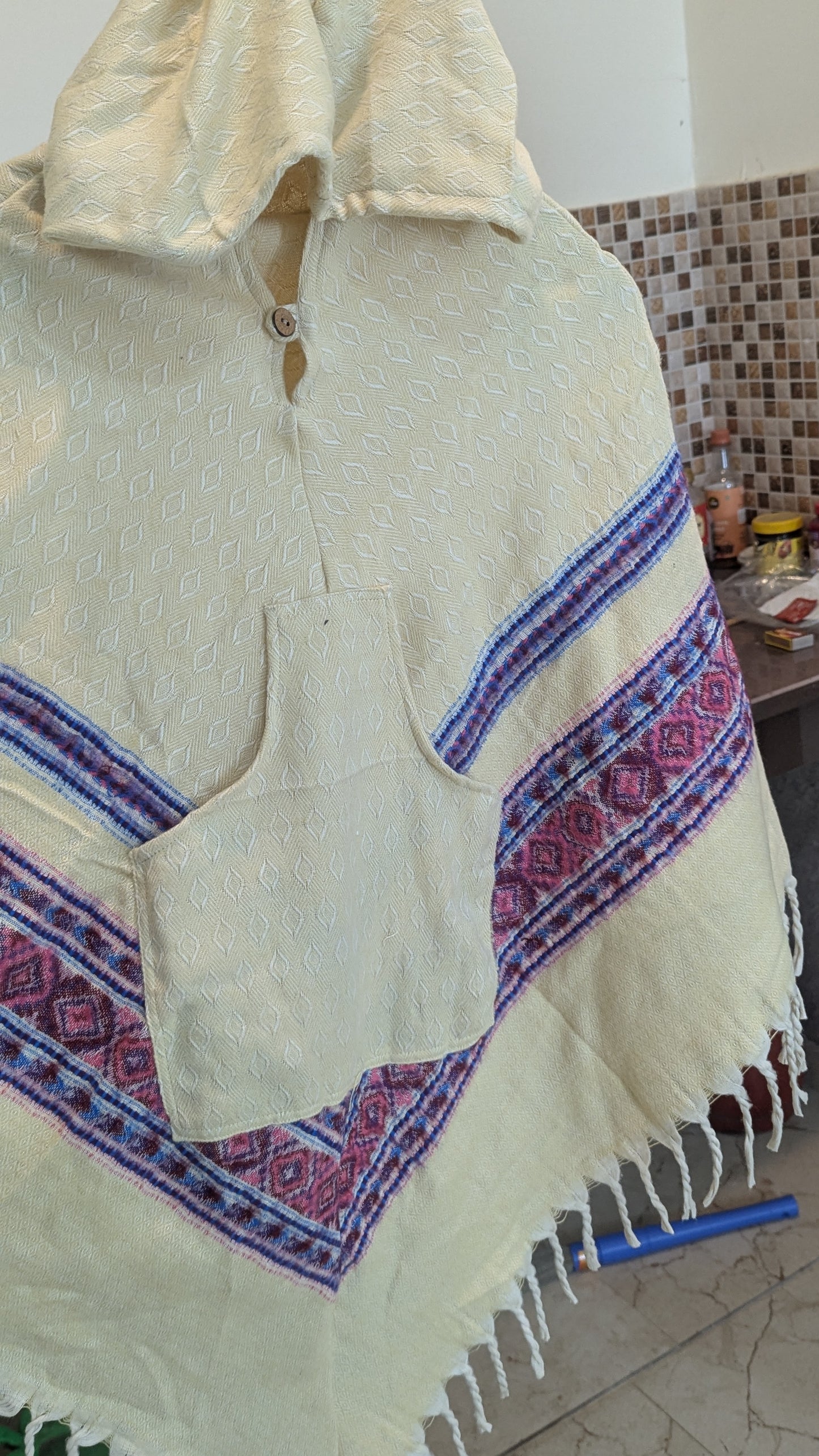 Celestial Cream Hooded Poncho – Artisan Woven Wrap with Pink & Indigo Borders