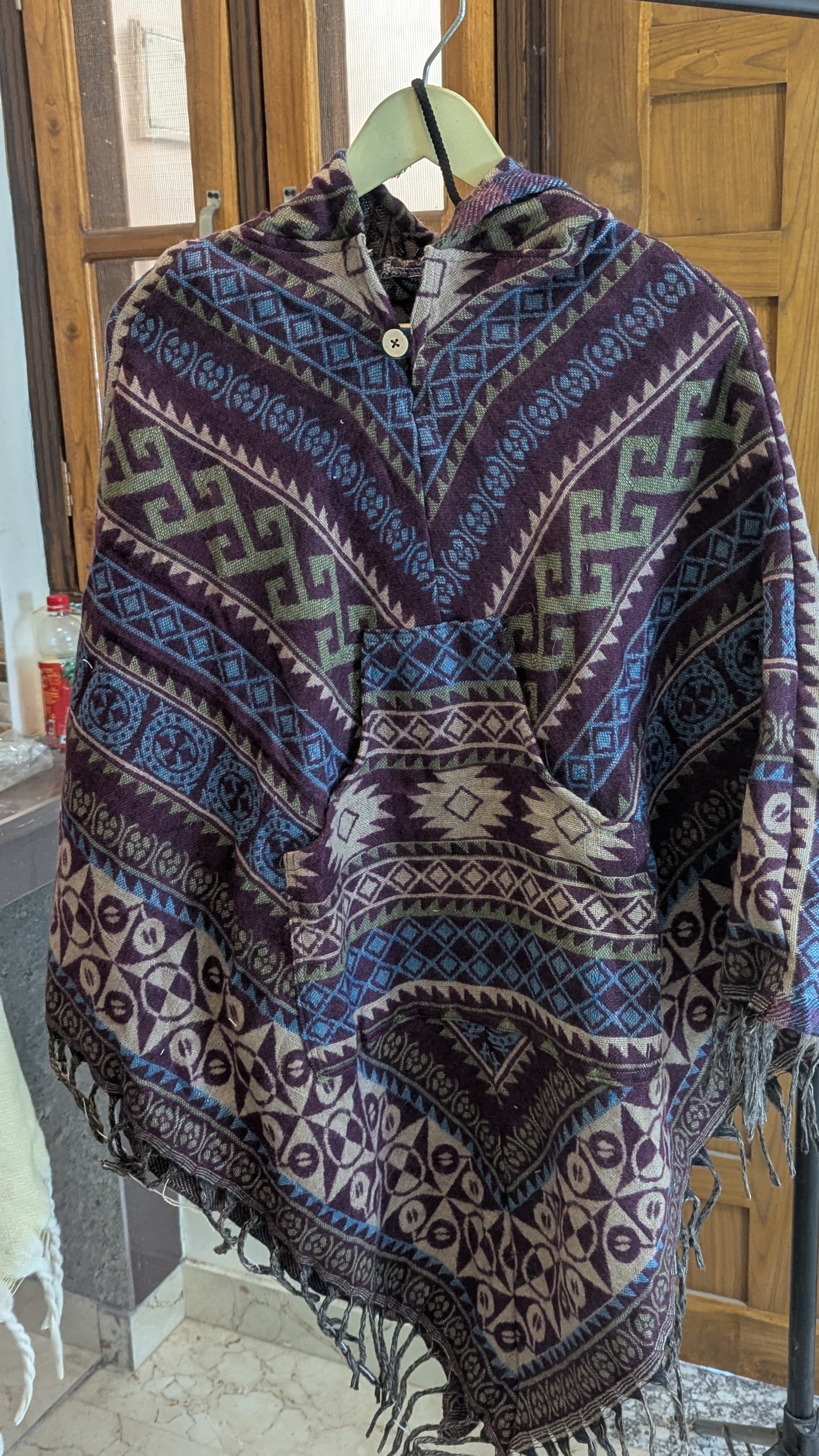 Mystic Indigo & Purple Hooded Poncho – Vibrant Polka-Dot & Diamond Tribal Design
