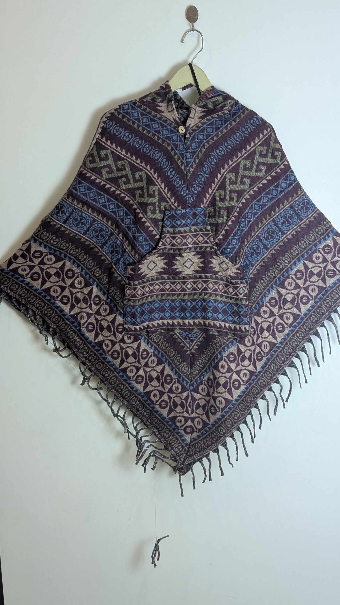 Mystic Indigo & Purple Hooded Poncho – Vibrant Polka-Dot & Diamond Tribal Design