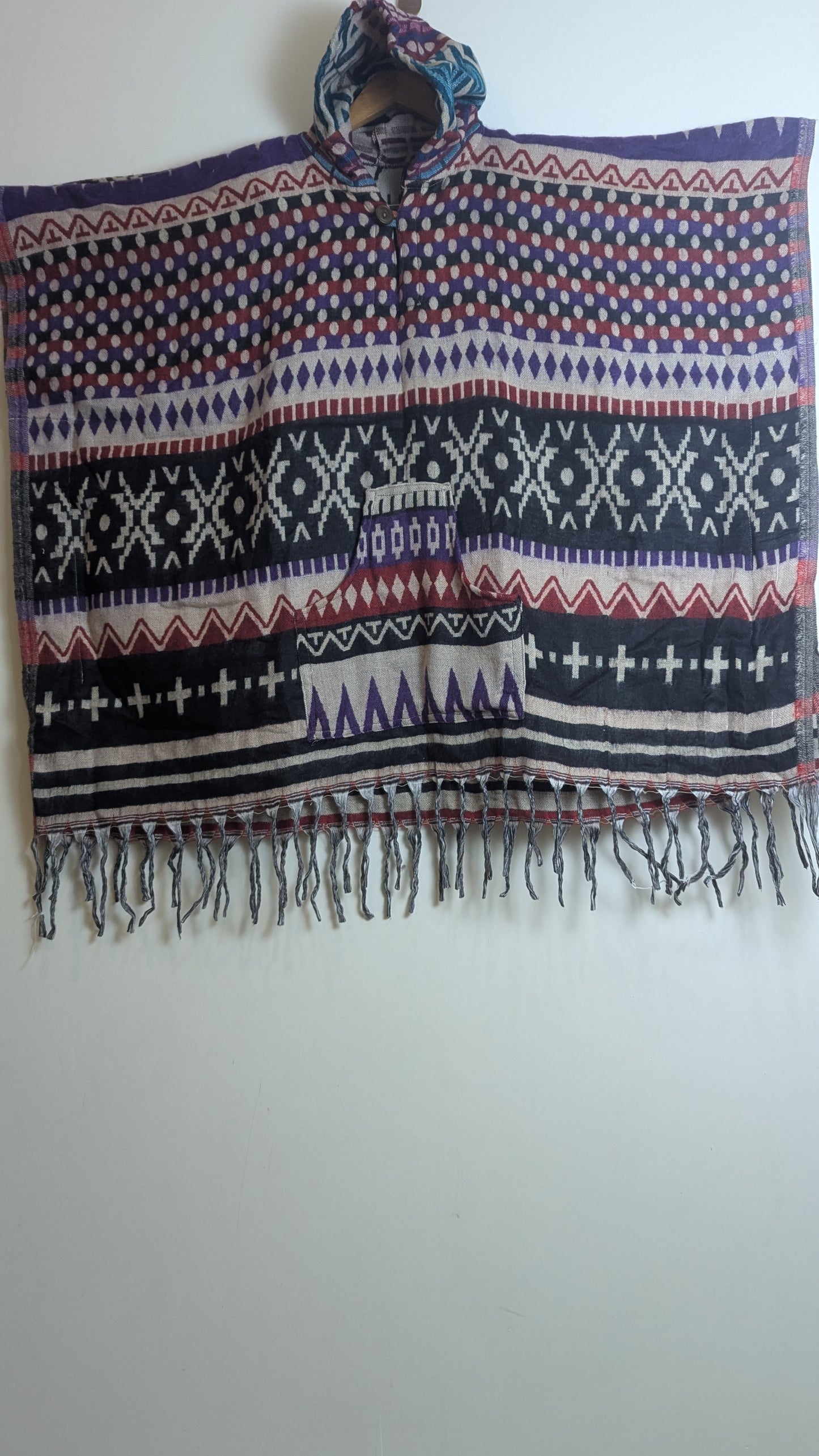 Mystic Indigo & Purple Hooded Poncho – Vibrant Tribal Pattern with Polka-Dot Accents