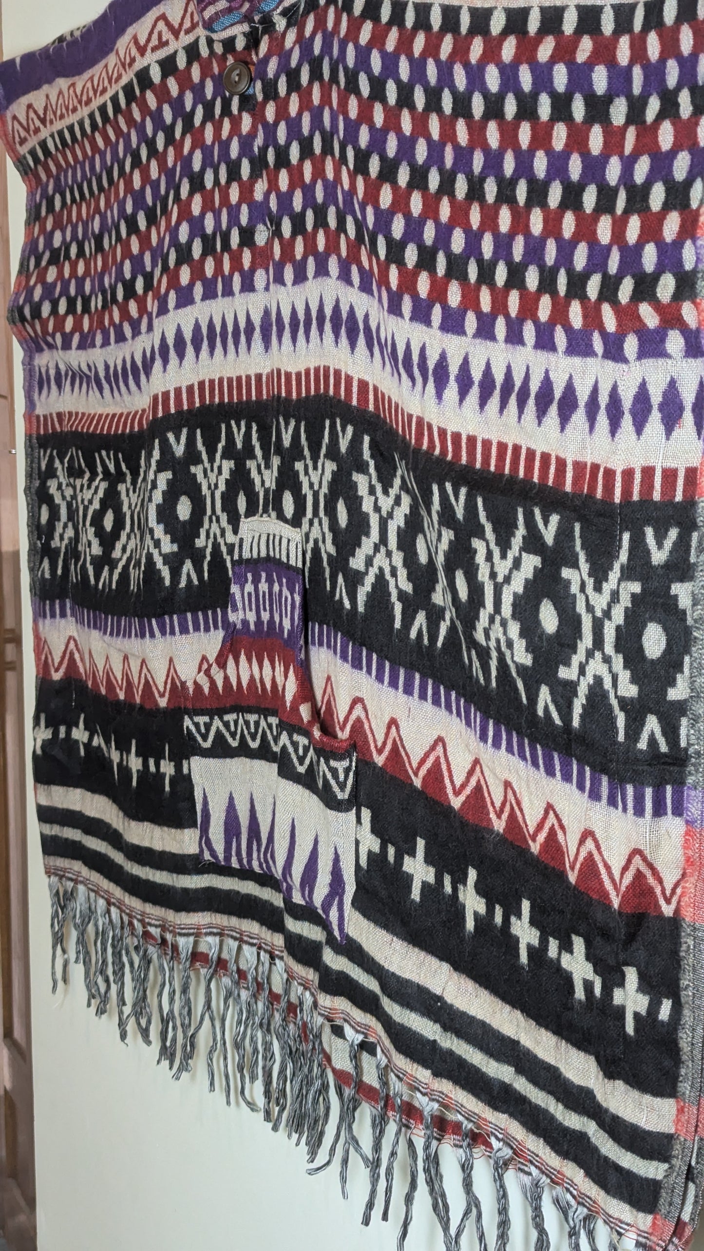 Mystic Indigo & Purple Hooded Poncho – Vibrant Tribal Pattern with Polka-Dot Accents