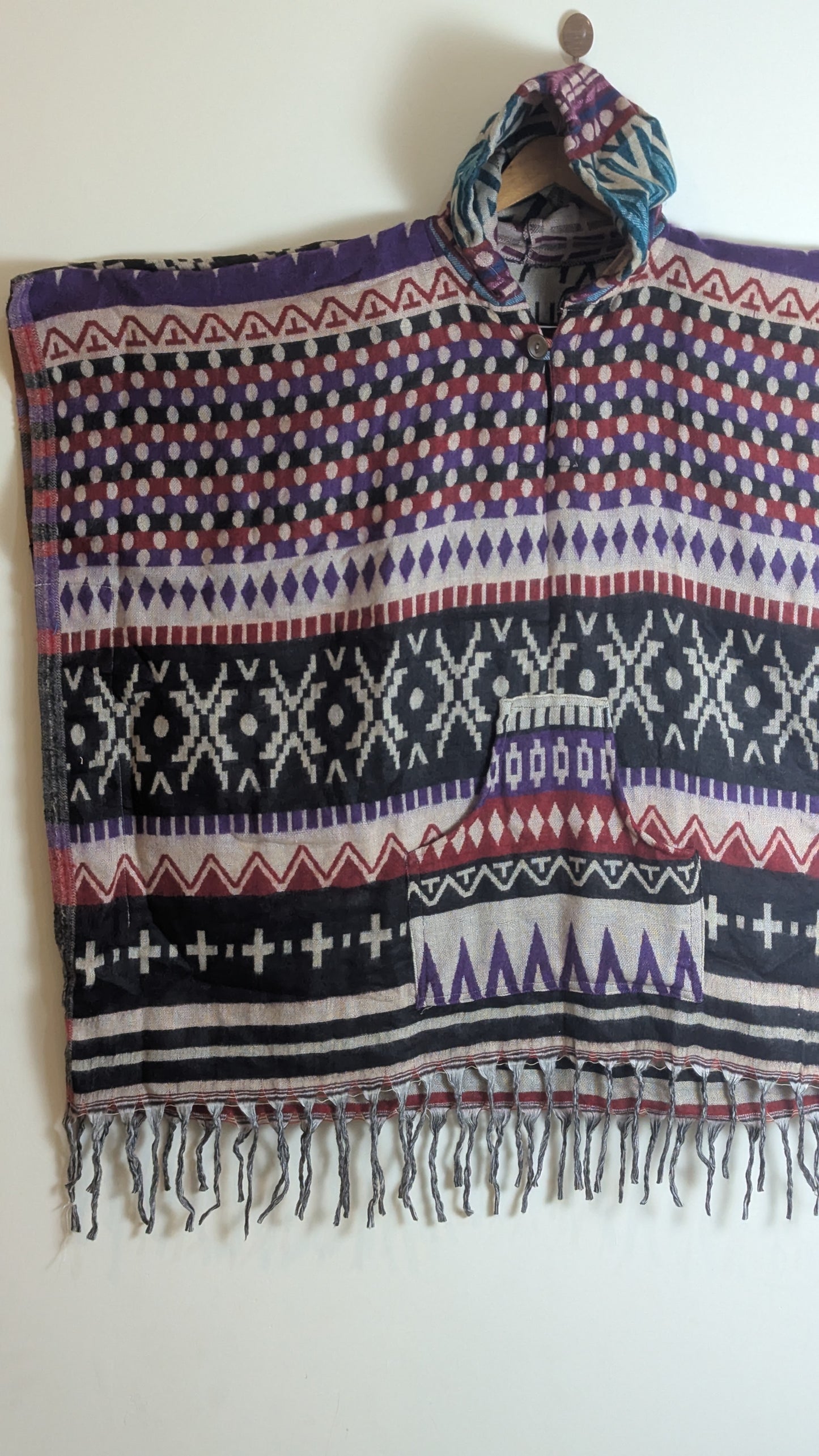 Mystic Indigo & Purple Hooded Poncho – Vibrant Tribal Pattern with Polka-Dot Accents