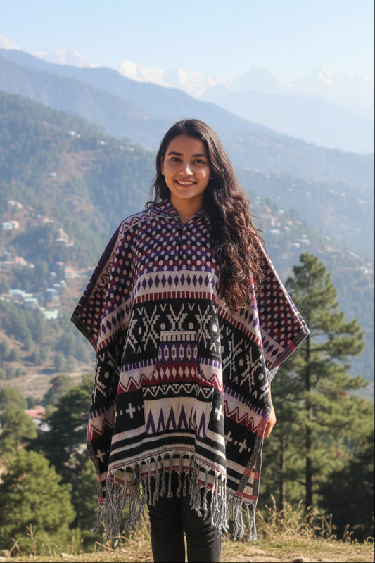 Mystic Indigo & Purple Hooded Poncho – Vibrant Tribal Pattern with Polka-Dot Accents