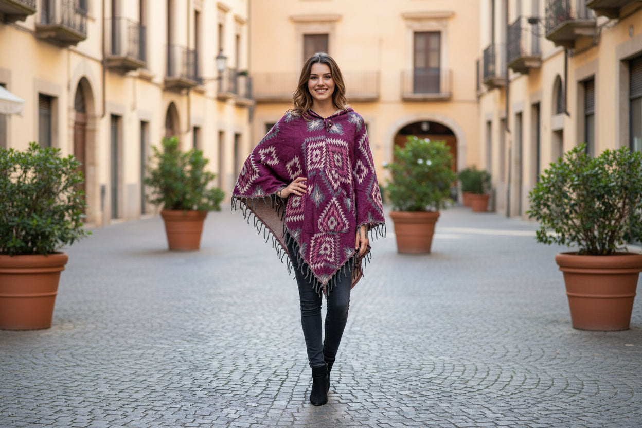 Purple patterned poncho on a mannequin against a wooden door.