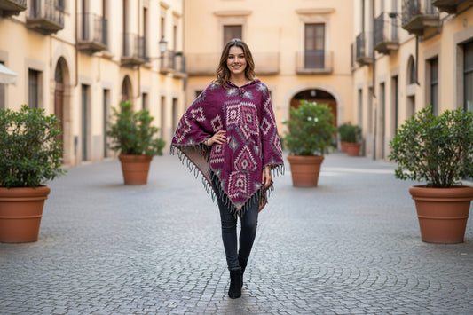 Purple patterned poncho on a mannequin against a wooden door.