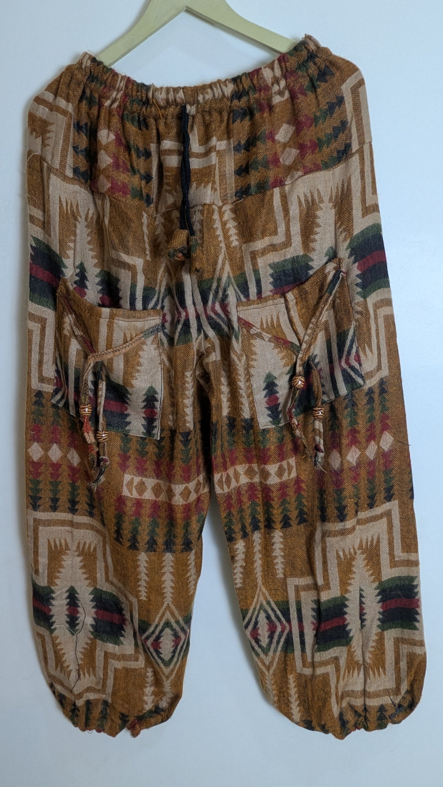 Mystic Meadow Woolen Harem Pants – Forest Green Floral & Tribal Fusion